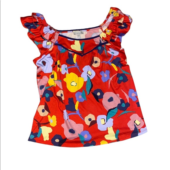 Floral mosaic fashion top ruffle shoulder size small - Picture 1 of 2